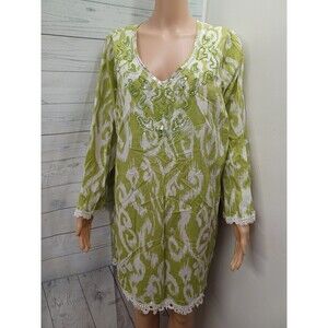 JM Collection Woman Cotton Boho Tunic Top Sz 24W Beaded Lace Green White